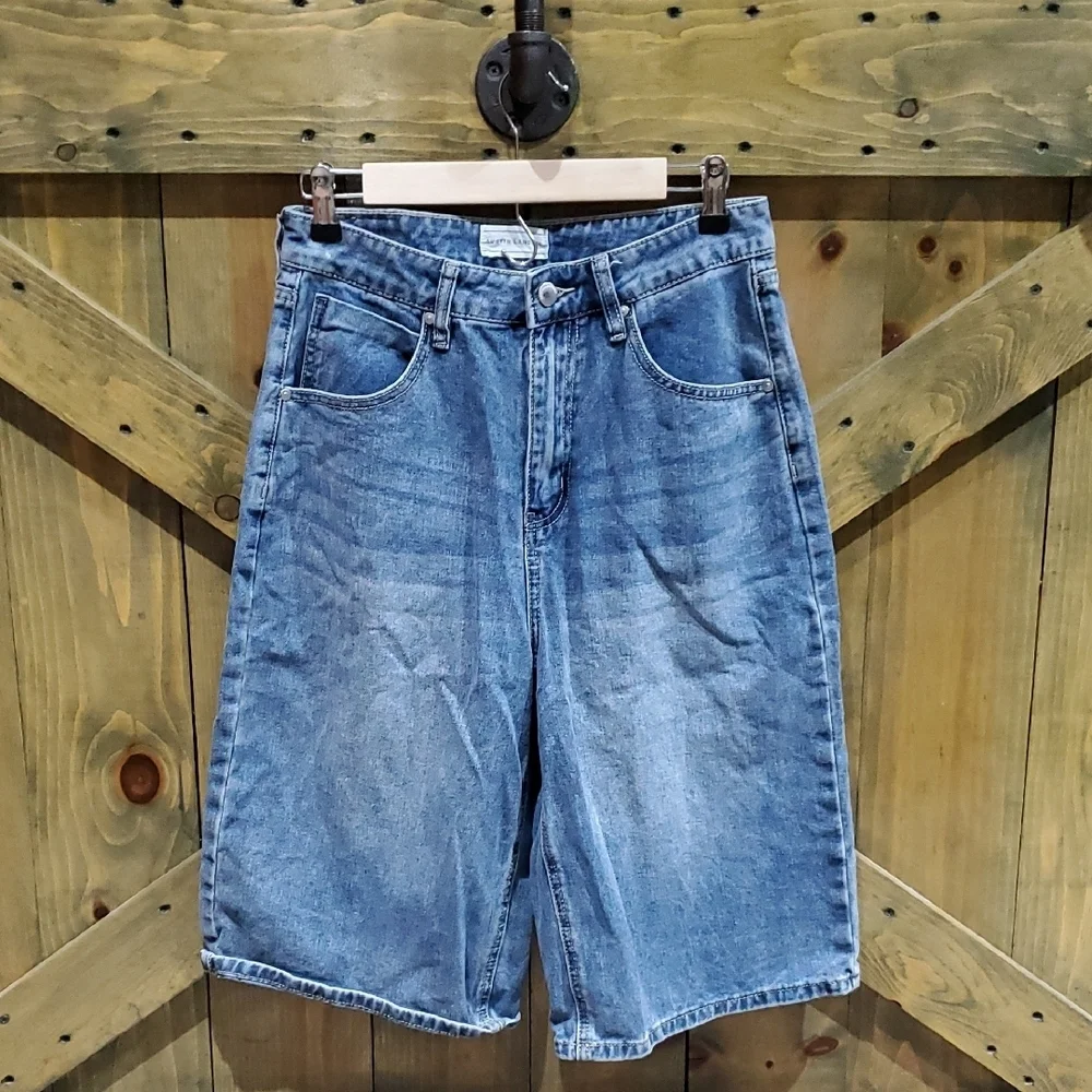 Austin Landing Embroidered Denim Long Shorts with Wing Design
